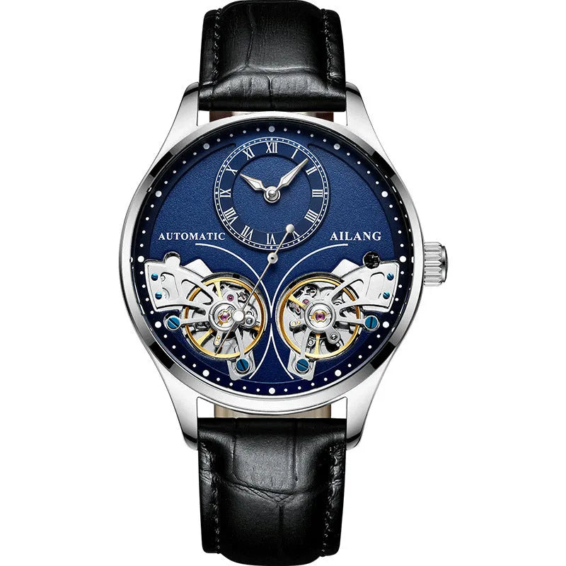 Automatic men's watch with tourbillon and moon phase on black steel strap