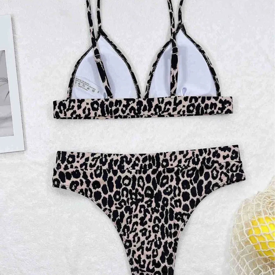 Leopard print women's bikini swimsuit with backless briefs style, polyester fabric and spandex lining, sizes S M L