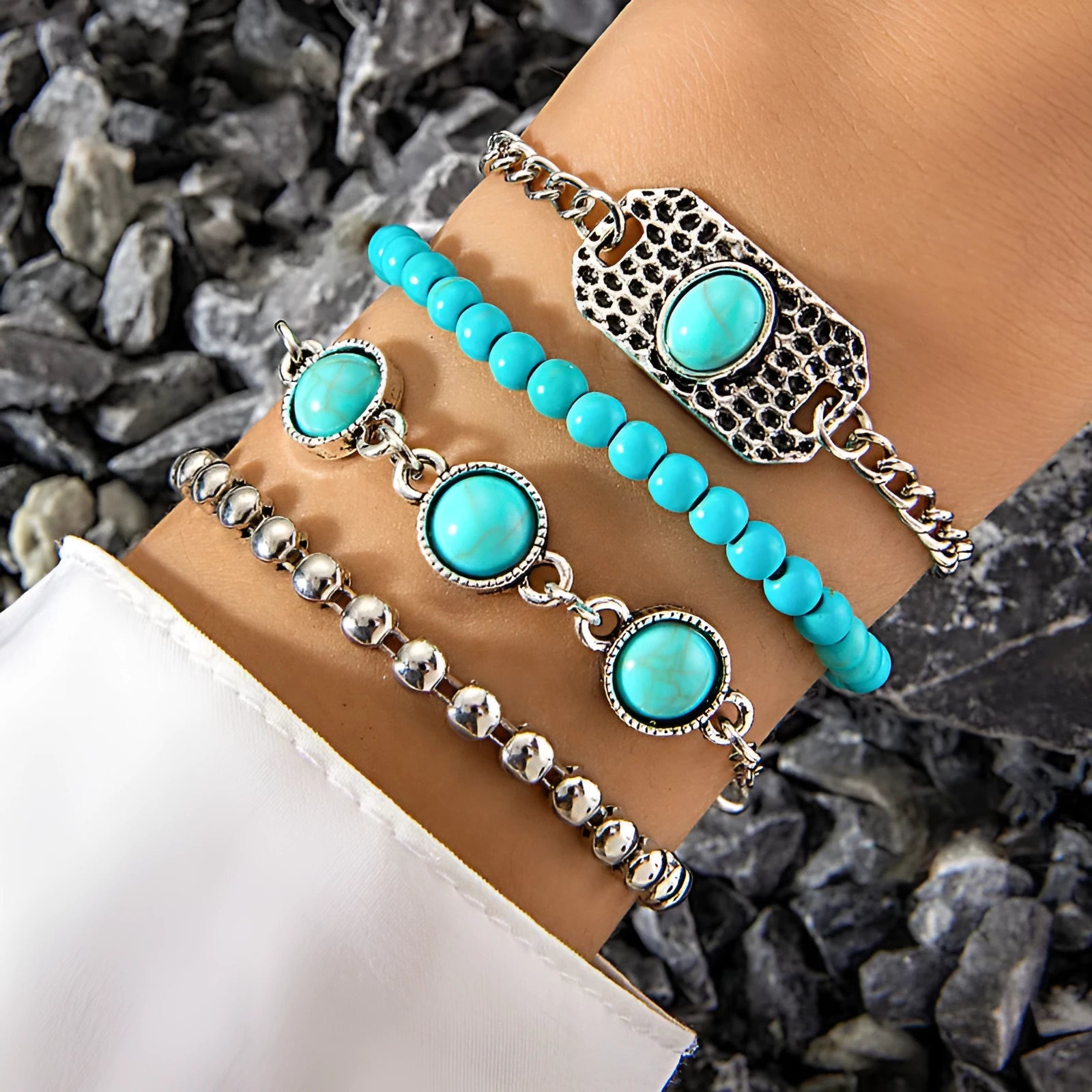 Turquoise alloy butterfly bracelet set with exaggerated design and electroplated finish