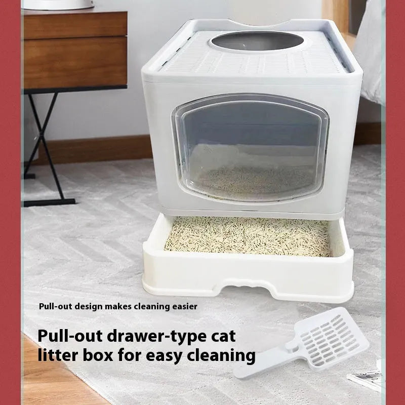 Folding fully enclosed cat litter box 51x41x44cm in ABS PP, available in blue pink or grey