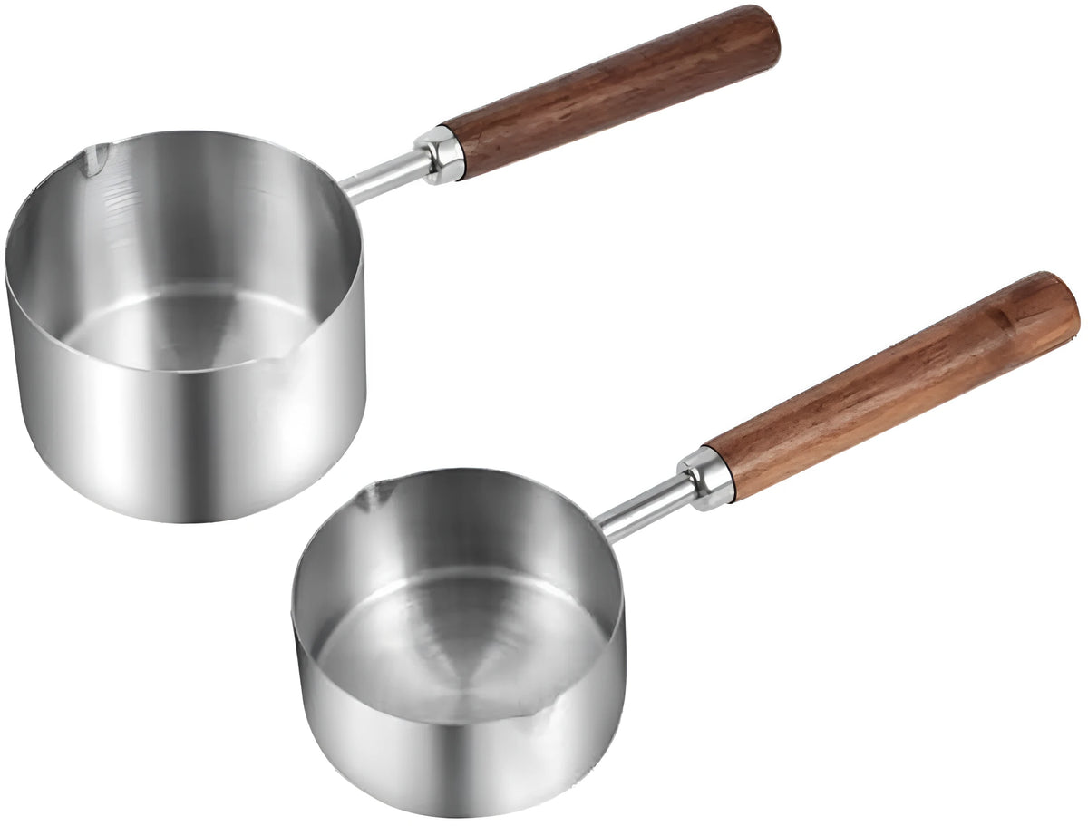 Two 304 stainless steel dog food scoops with wooden handles on a surface