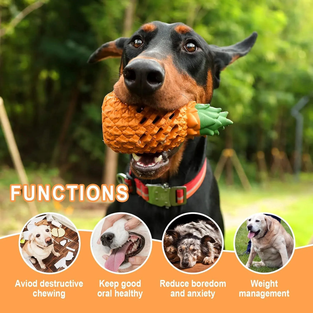 Pineapple-shaped natural rubber dog chew toy for aggressive chewers, available in multiple sizes