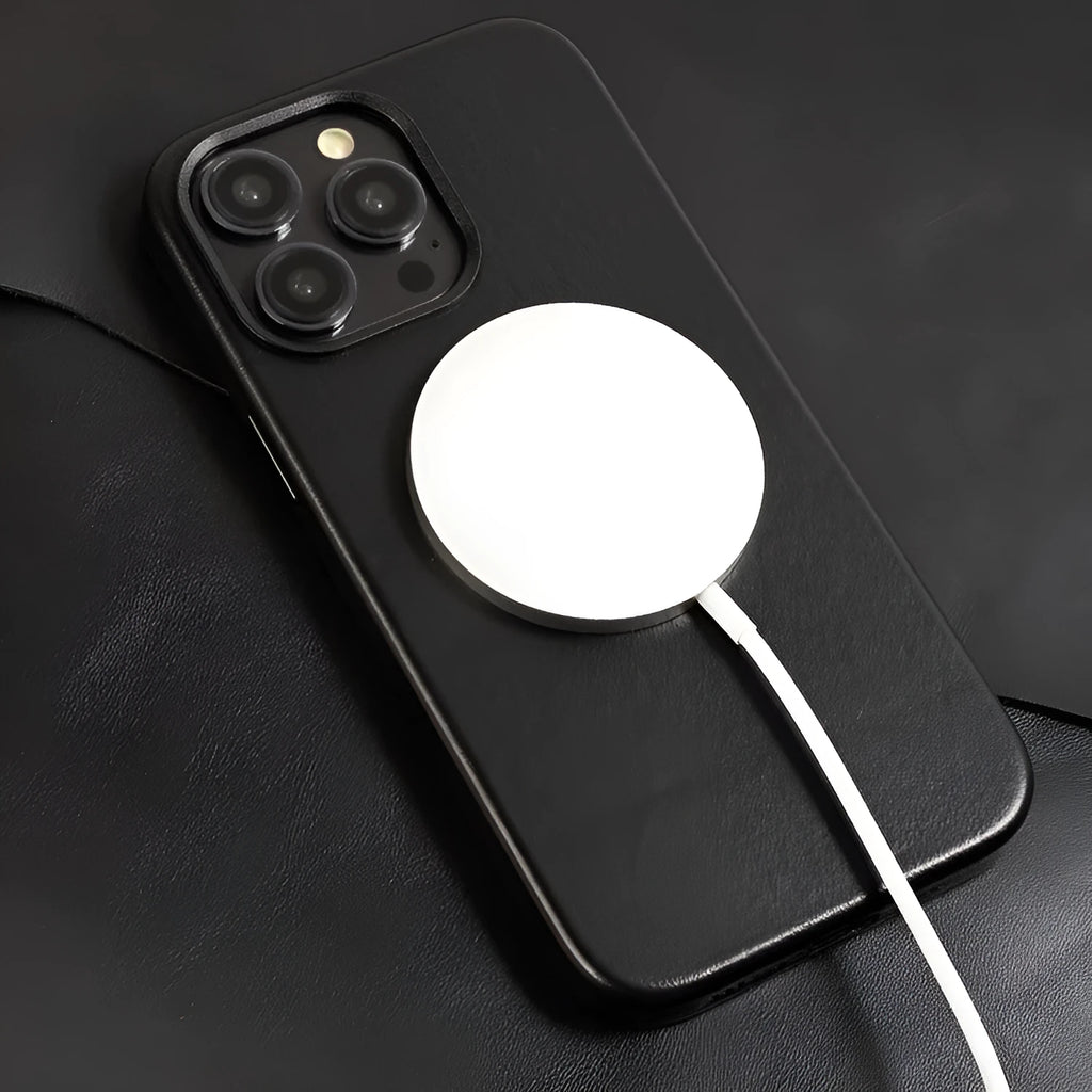 Genuine leather magnetic phone case for Apple iPhone in Black with full edge wrapping cowhide cover