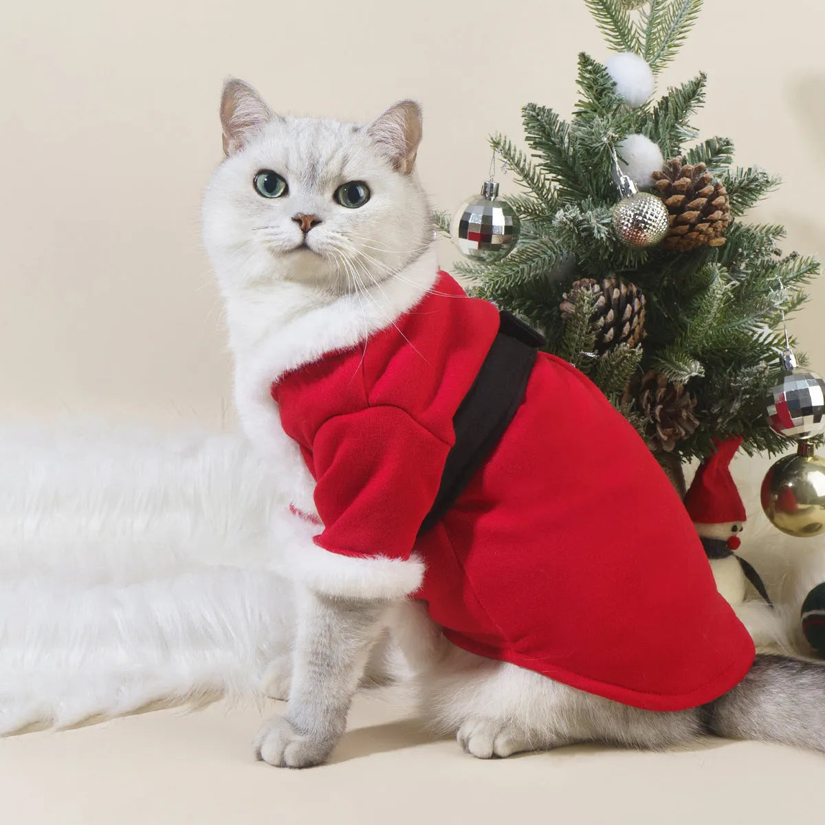 Red polyester Christmas pet clothing for cats and dogs on a plain background