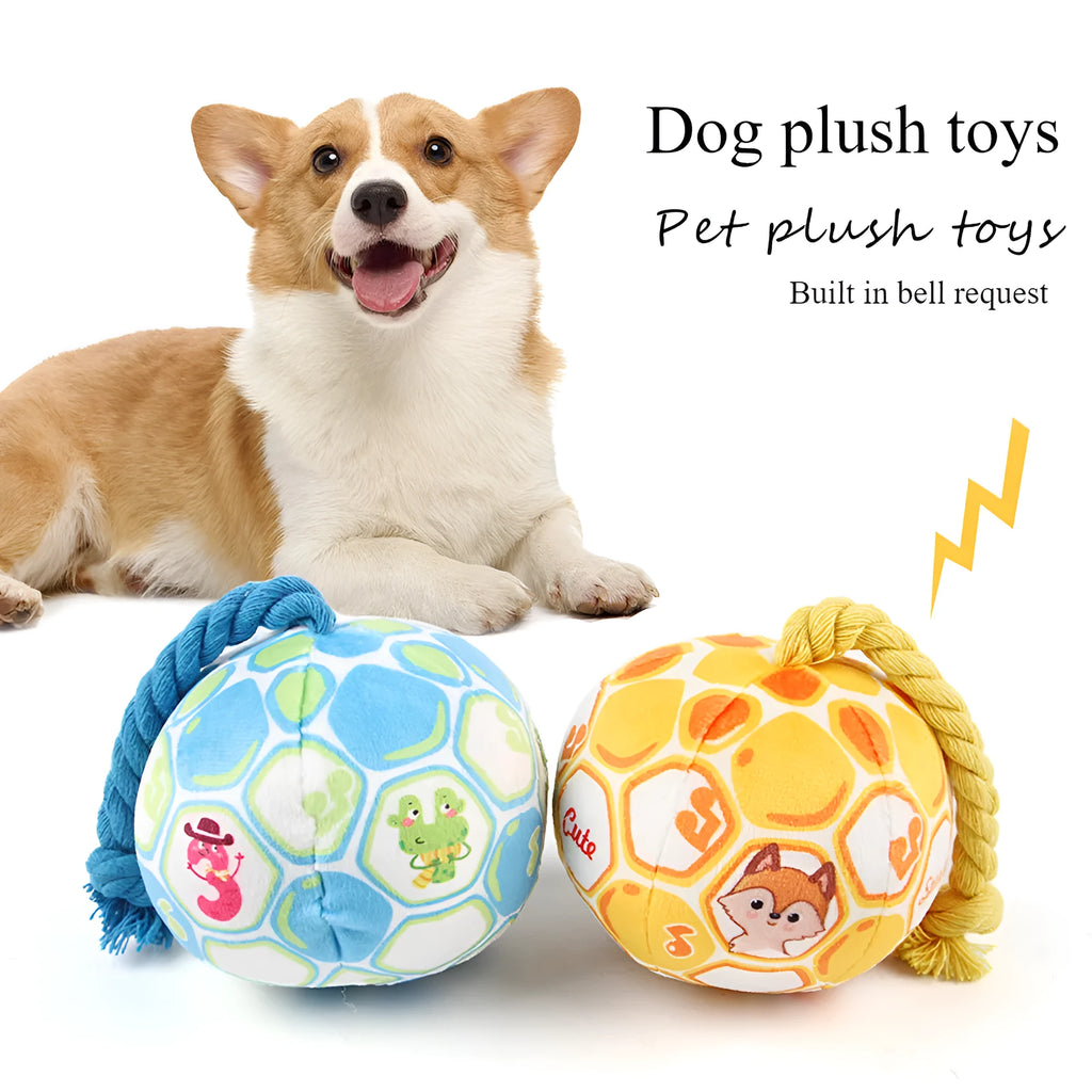 Blue and yellow elastic football dog toy with attached cotton rope for tug-of-war