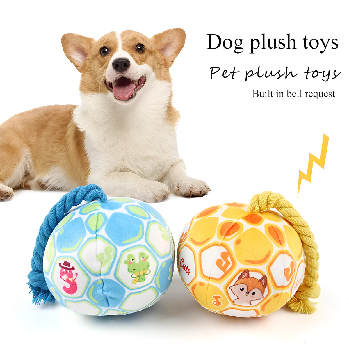 Blue and yellow elastic football dog toy with attached cotton rope for tug-of-war