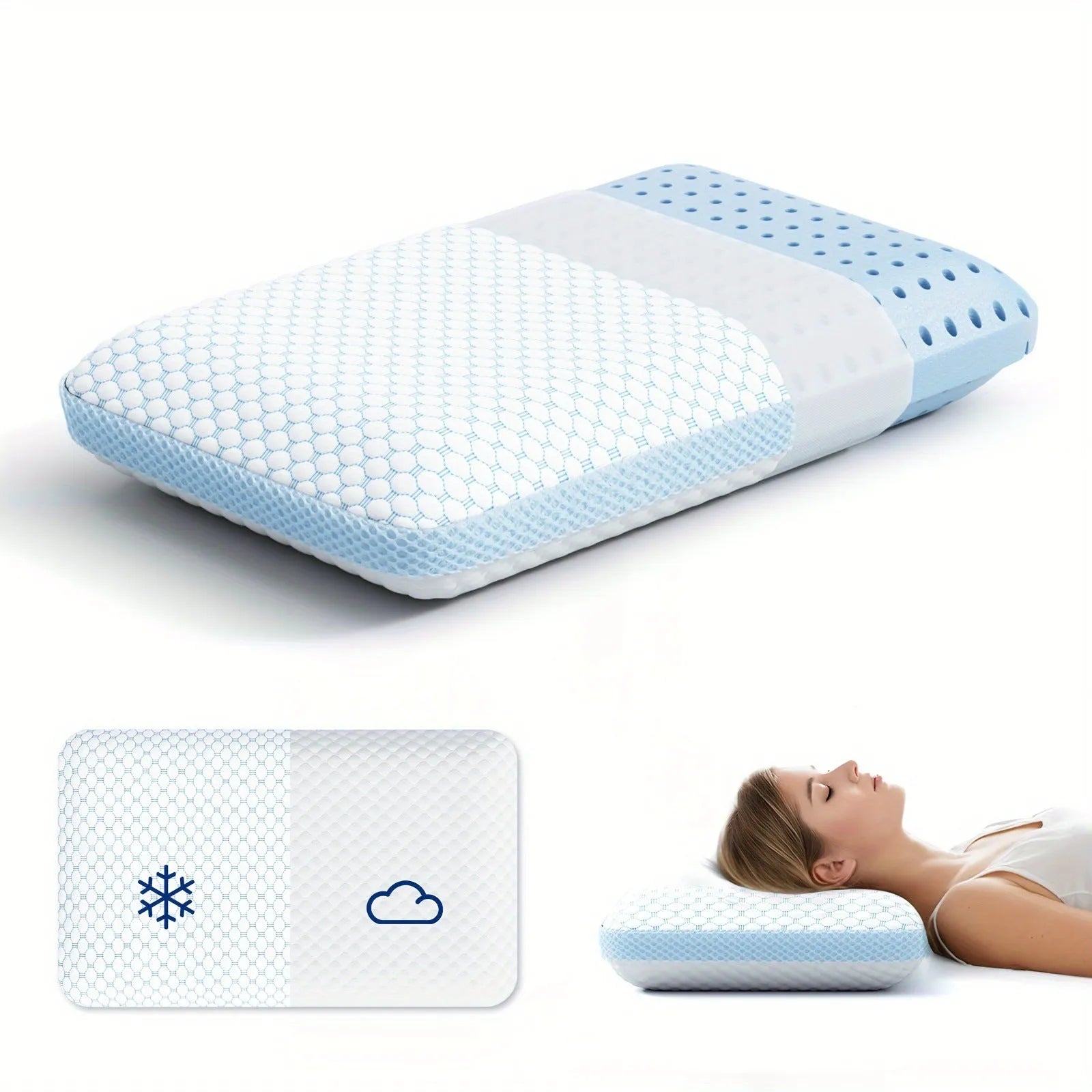 Cervical memory foam pillow 63x36x13.5cm in air layer fabric blue and white