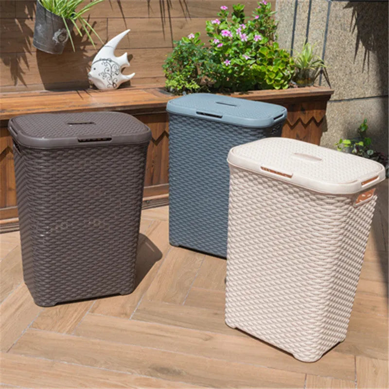 Plastic rattan woven laundry basket in beige, grey, or brown, polypropylene, 44 × 34 × 62cm
