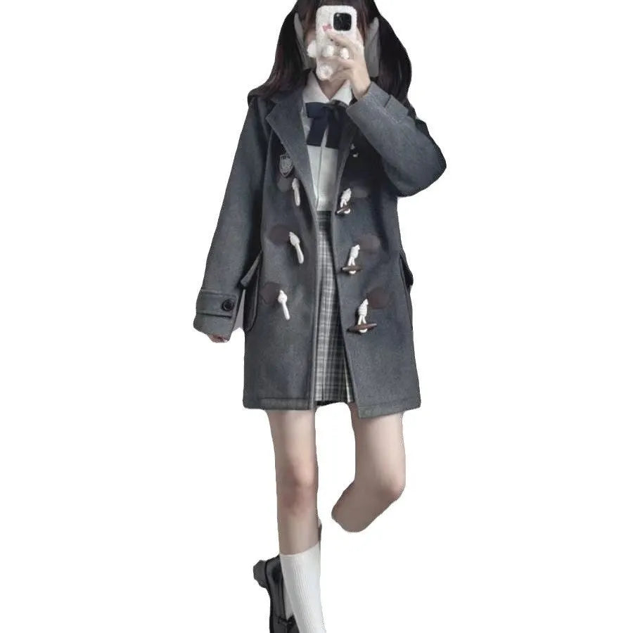Japanese JK hooded woolen coat with horn button, loose fit, solid colour, black or dark gray