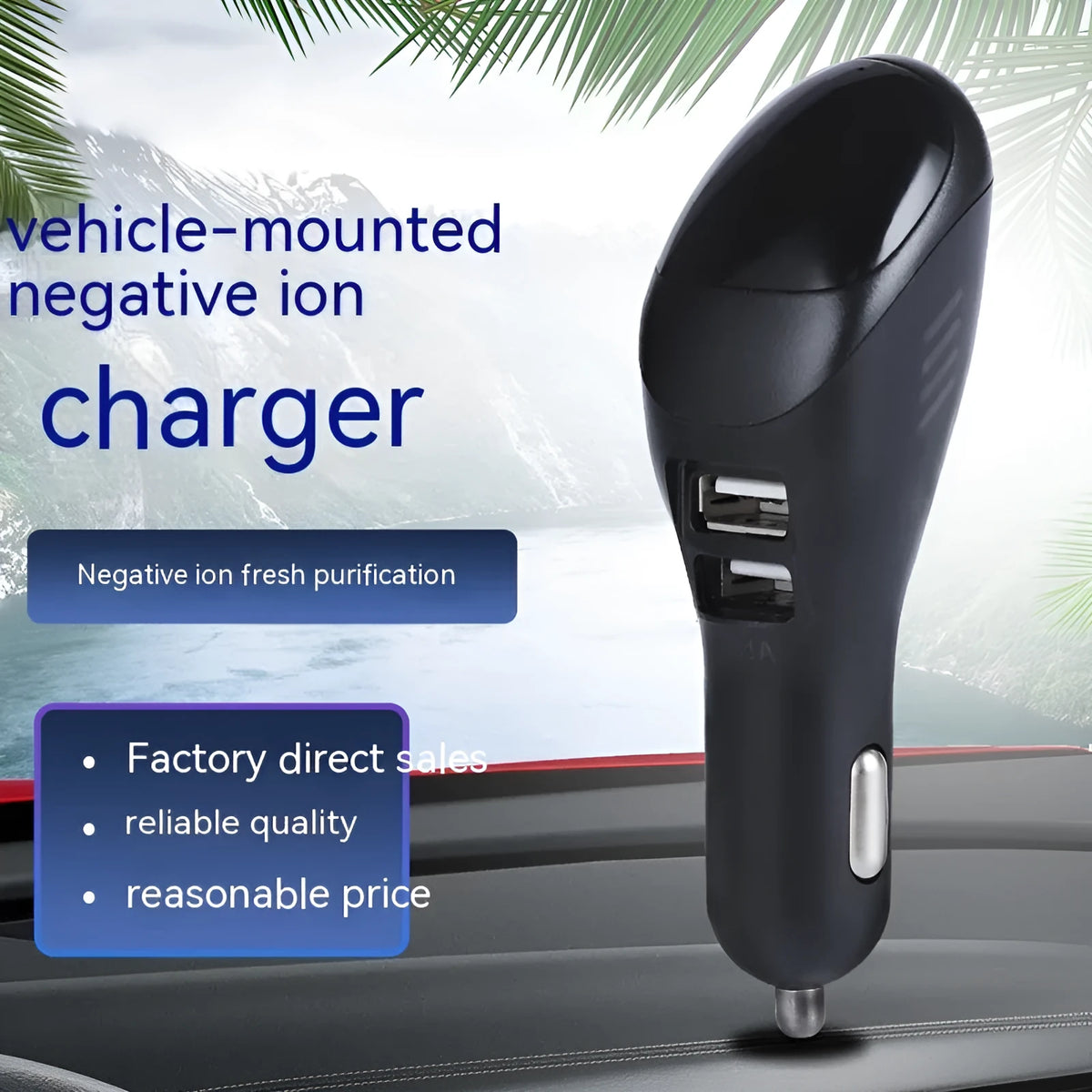 White car USB charger and air purifier combo device with negative ion generator.
