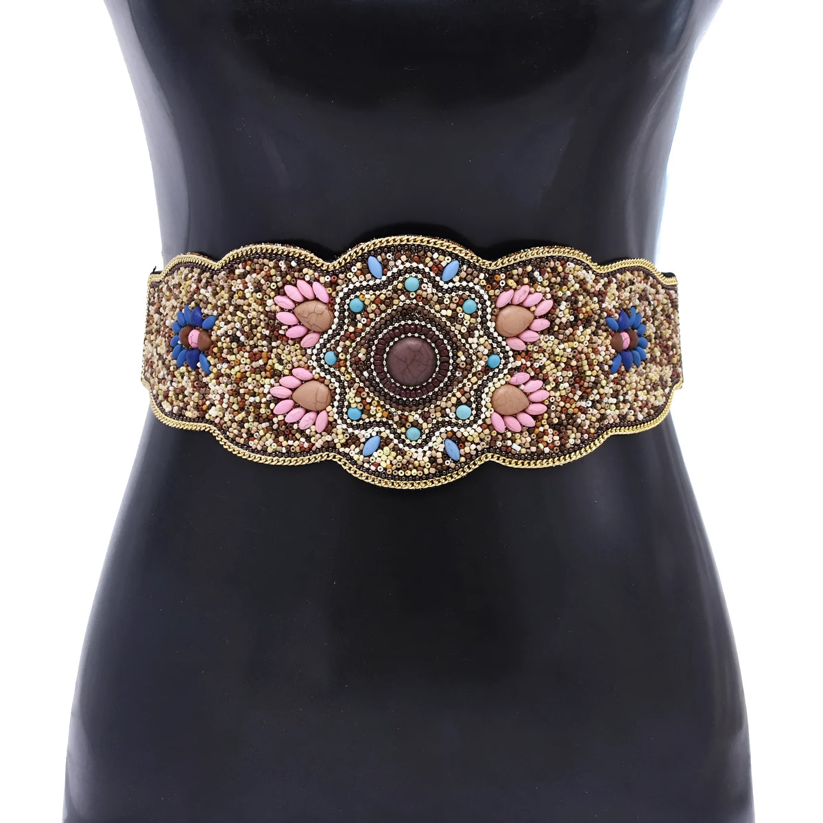 Beaded imitation turquoise elastic waistband belt in faux leather with stitching, ethnic style, single loop, 115cm