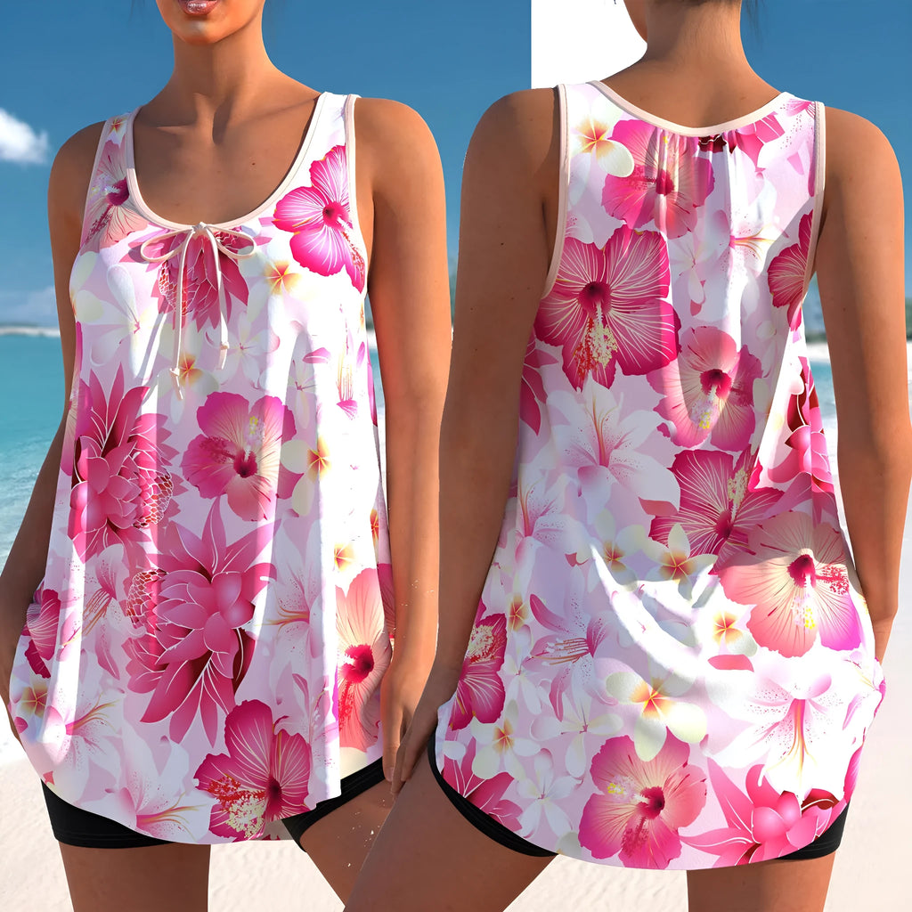 Pink floral printed plus size tankini swimsuit with high-waisted briefs