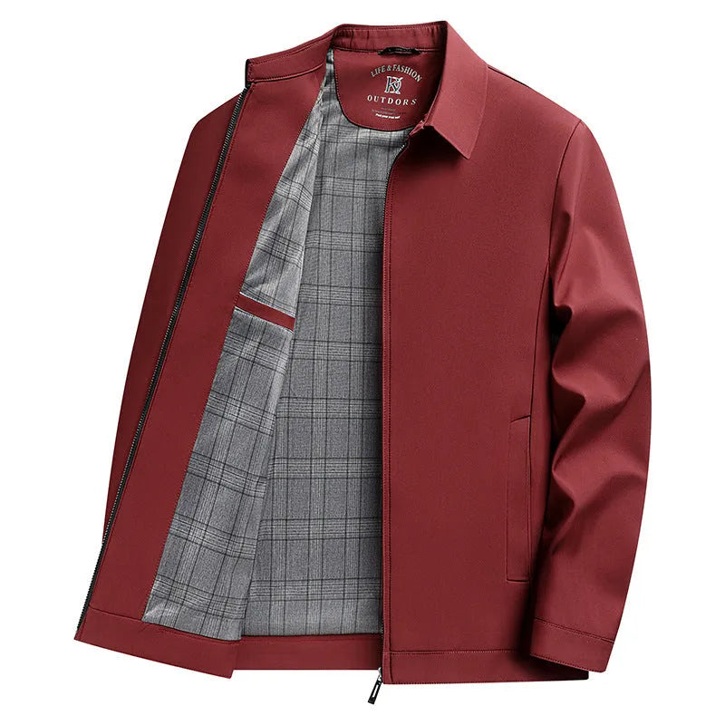 Men's solid colour polo collar casual jacket with side seam pockets in polyester fabric