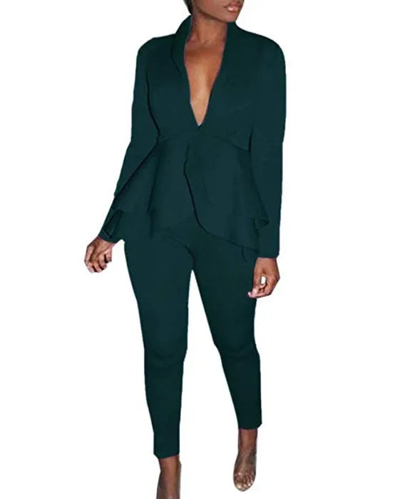 Women's white polyester business uniform set consisting of a shirt and pencil trousers on a hanger.