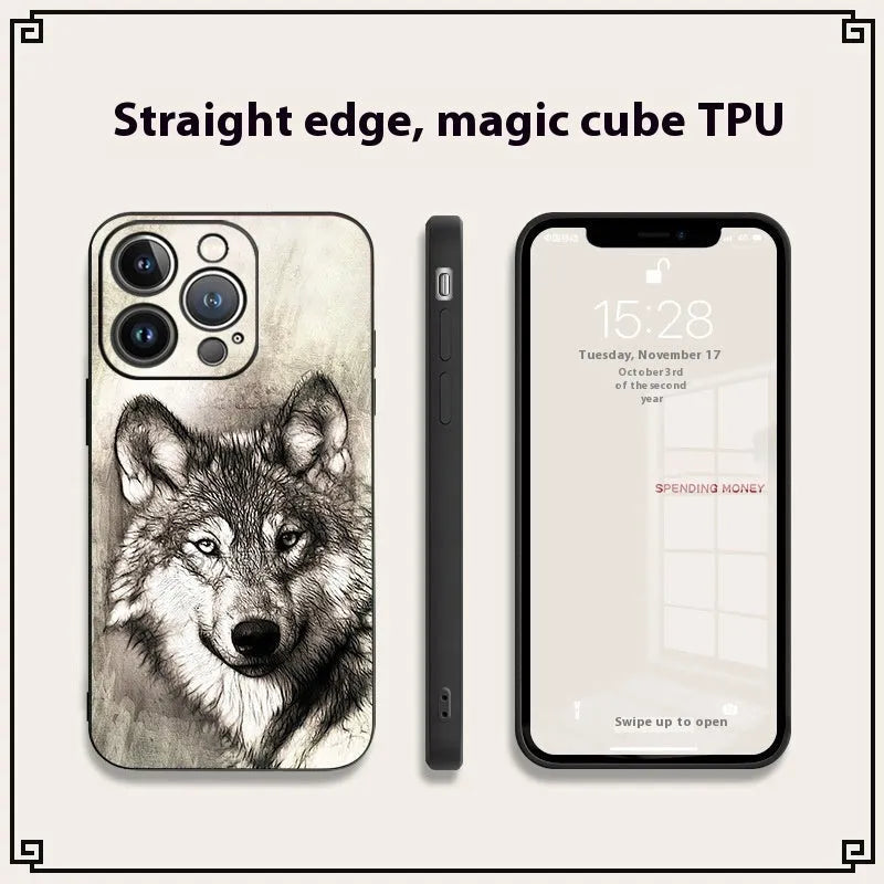 Animal glass phone case for iPhone with painted tiger, owl, or lion design and black back cover