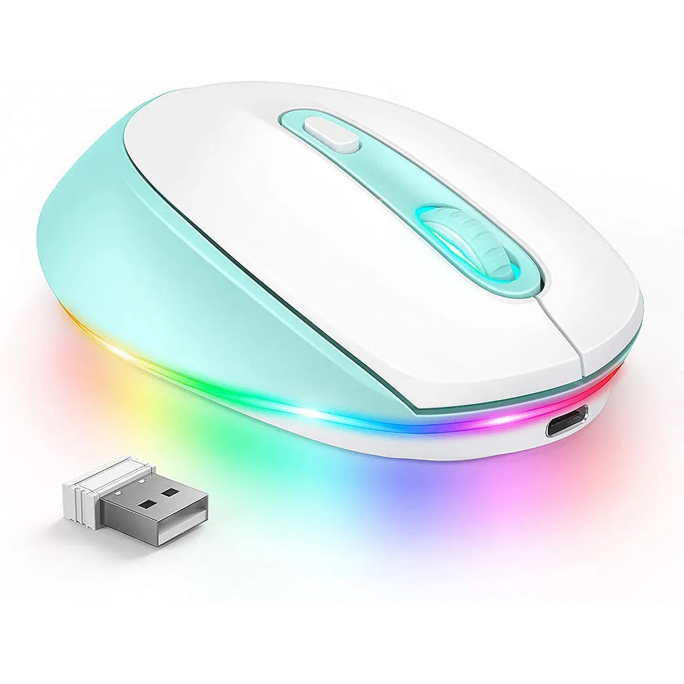 Lightweight 24g wireless rechargeable mouse in multiple colours next to its USB charging cable