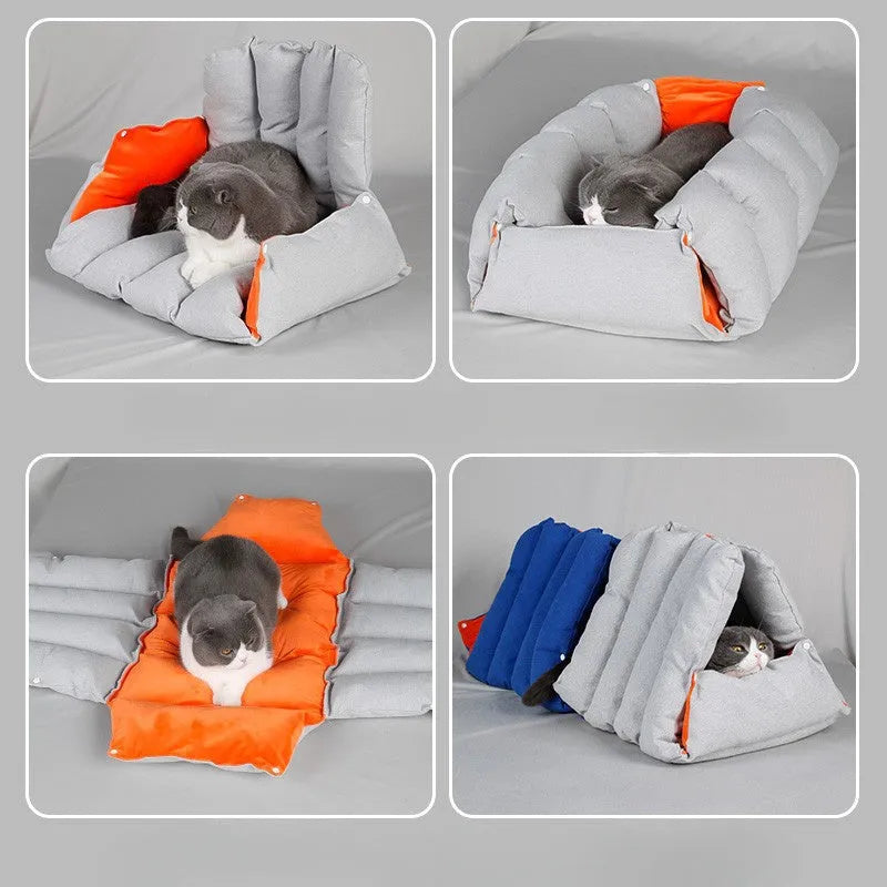 Blue triangular cat nest bed with drilled holes for modular connection and removable cotton cover
