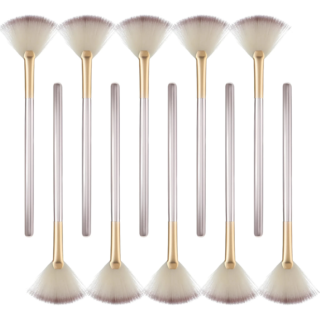 10 professional facial fan brushes with champagne handles and protective covers for makeup and skincare