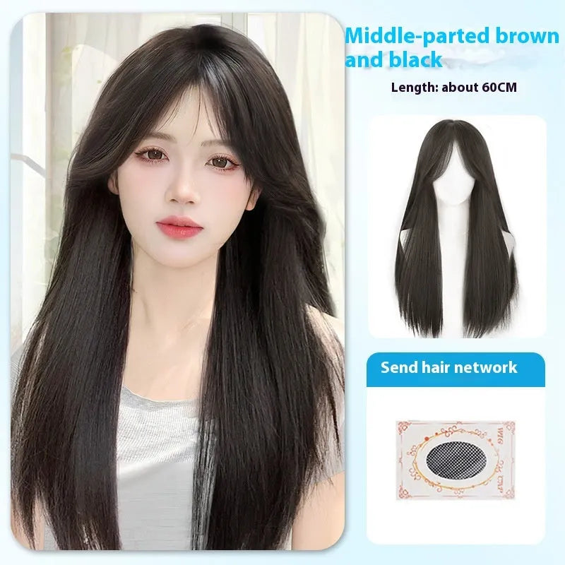 Long straight synthetic wig with bangs in brown black colour showing medium parting style