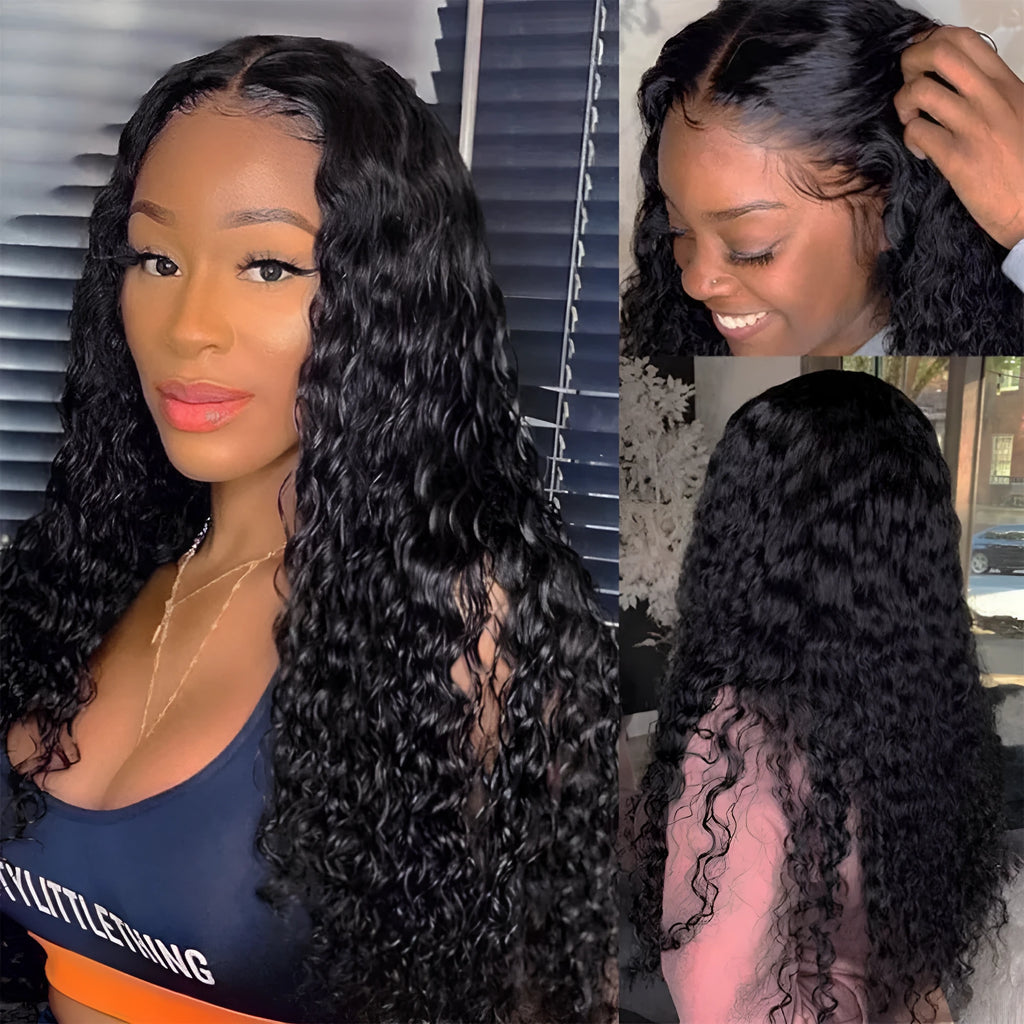 Curly human hair lace front wig in long lengths, showcasing hand-tied construction and voluminous 150 density.