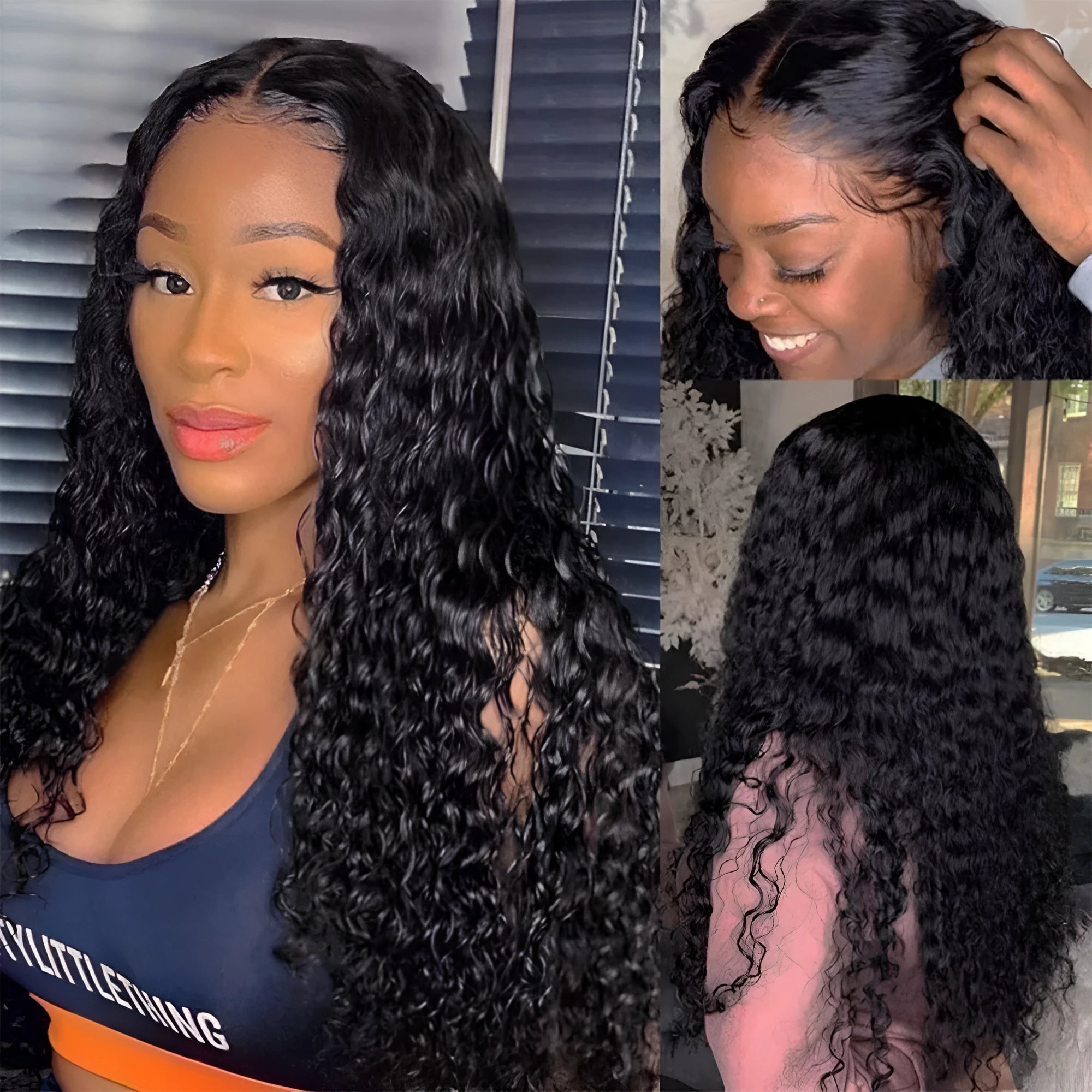 Curly human hair lace front wig in long lengths, showcasing hand-tied construction and voluminous 150 density.