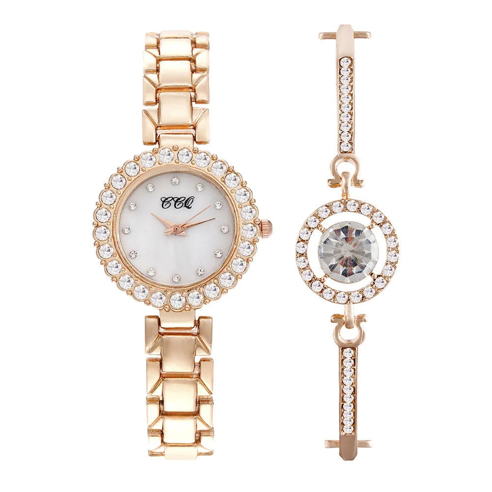 Women's fashion watch set with 3cm round dial, stainless steel strap, and gold or silver finish