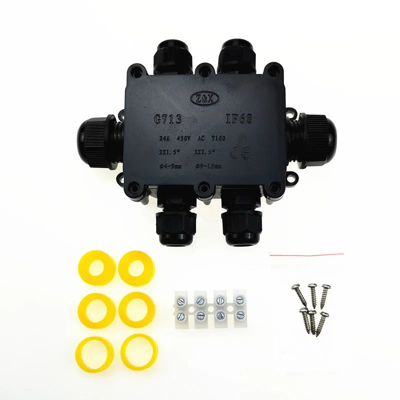 IP68 waterproof six-way outdoor junction box in black, white, or transparent, with connector, for fountain light cables.