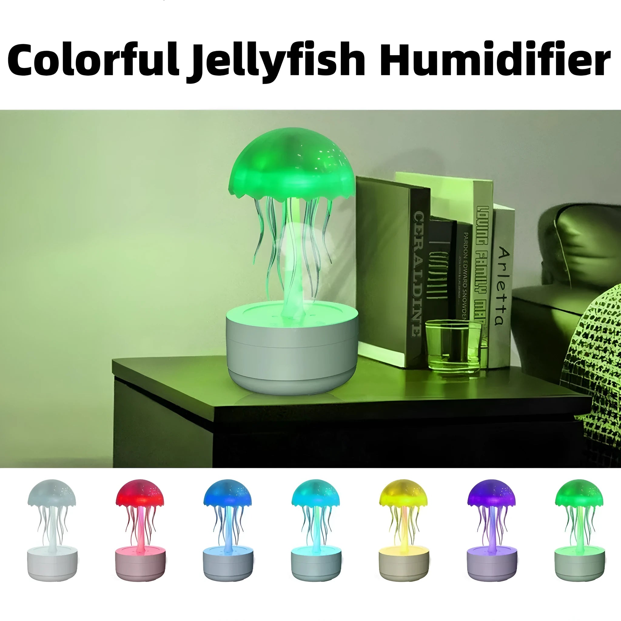White jellyfish-shaped humidifier diffuser with colourful LED lights and visible mist output