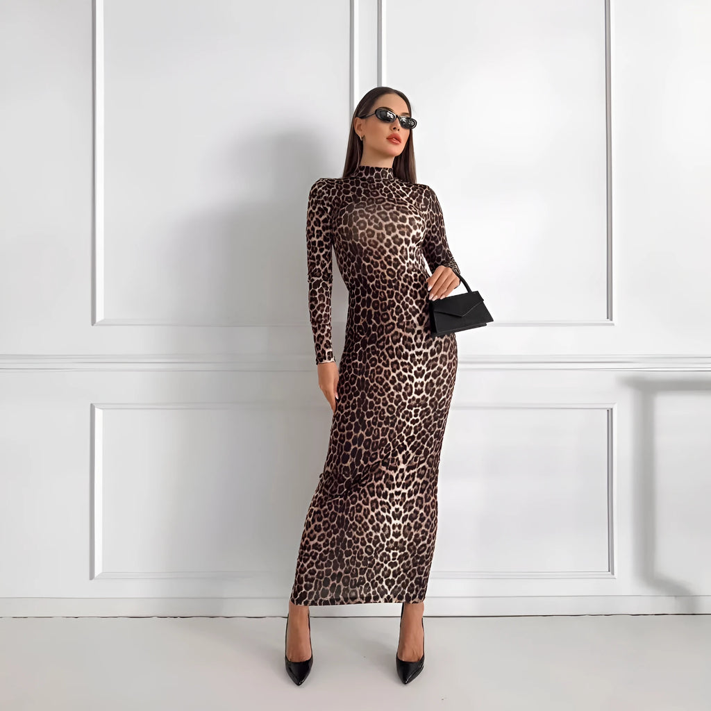 Leopard print women's dress with stand collar and long sleeves in high waist design
