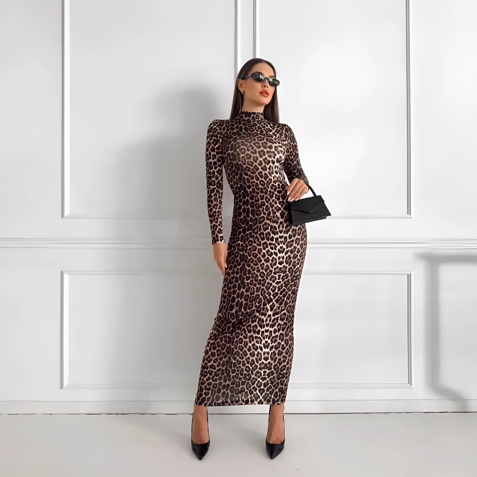 Leopard print women's dress with stand collar and long sleeves in high waist design