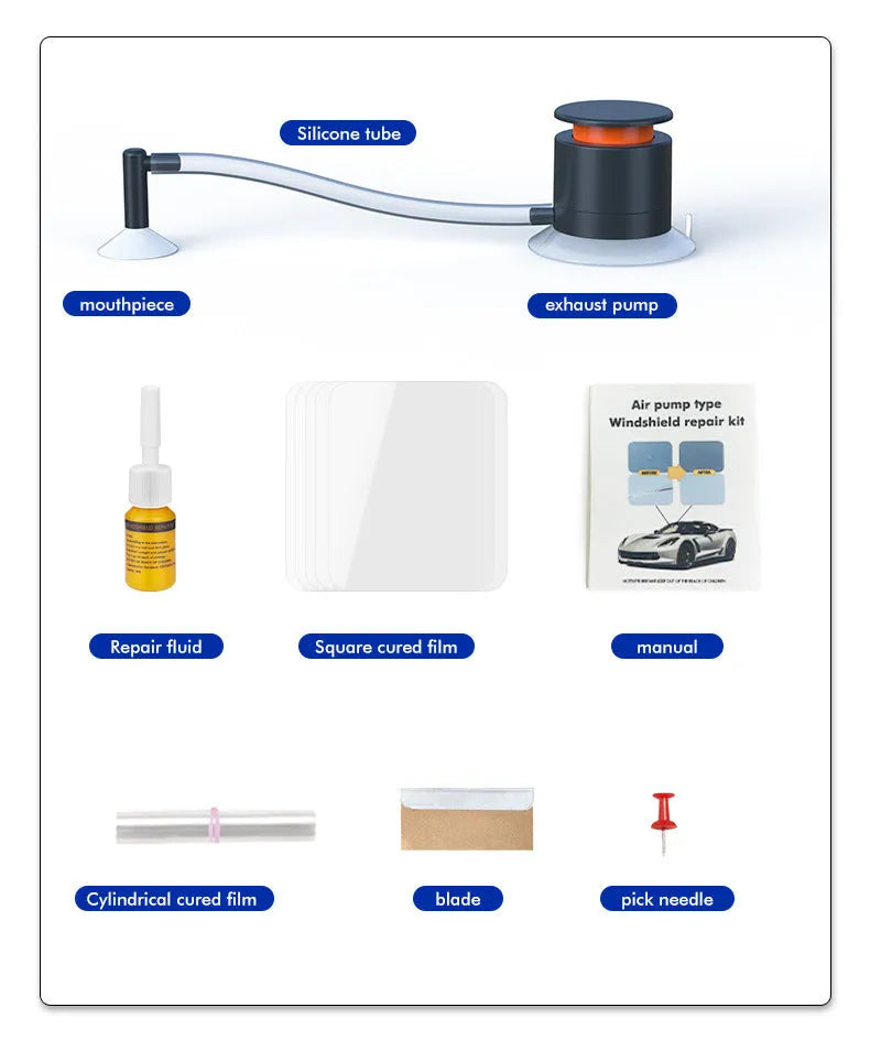 Plastic car windshield DIY crack and point repair tool kit.