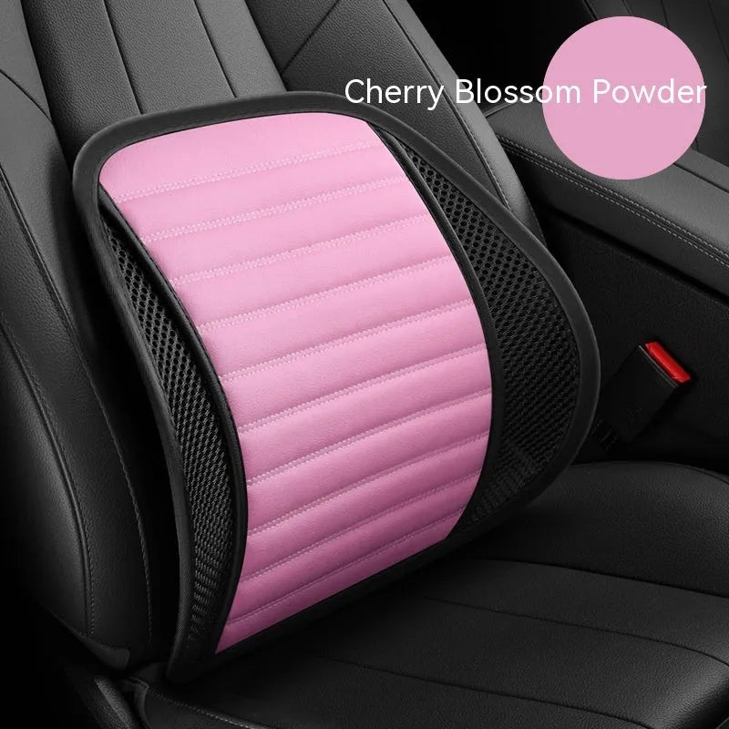 Leather lumbar support pillow for car seat in choice of five colours: blue, brown, black, ivory, and pink.