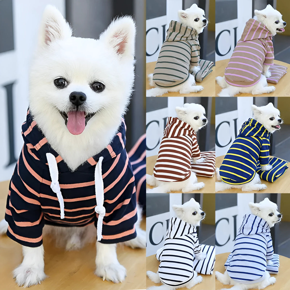 Striped polyester pet hoodie for dogs and cats, unisex sweater in multiple colours, sizes XS to 2XL