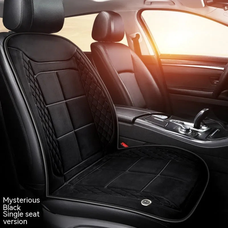 Car seat heating cushion in beige colour on a vehicle seat, showcasing its auto heating function and cotton filler.