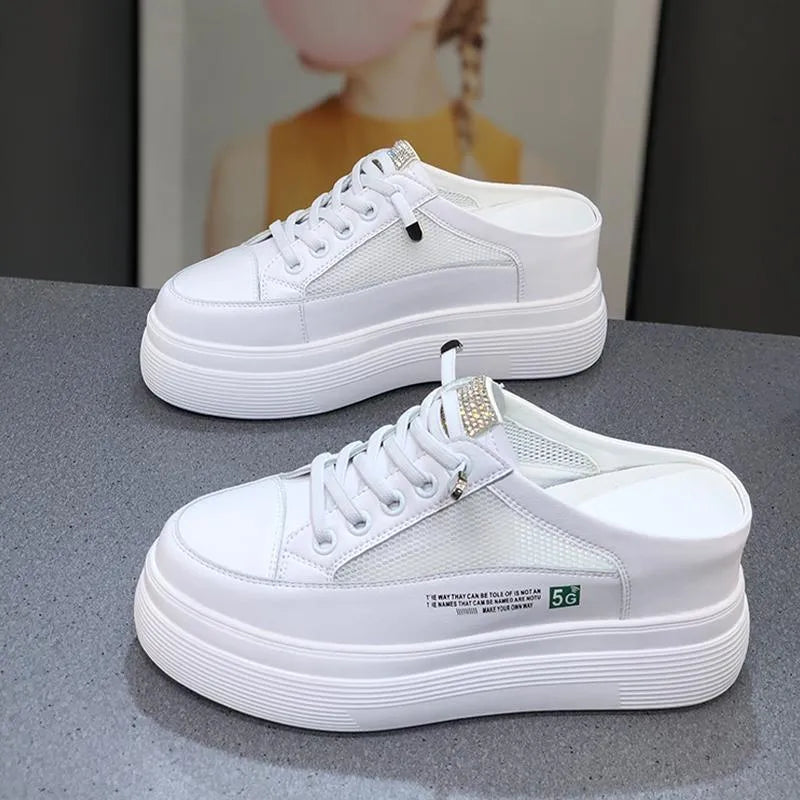 Ladies white platform slip-on shoes with mesh surface, synthetic leather upper and rubber sole, sizes 35-40