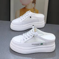 Ladies white platform slip-on shoes with mesh surface, synthetic leather upper and rubber sole, sizes 35-40