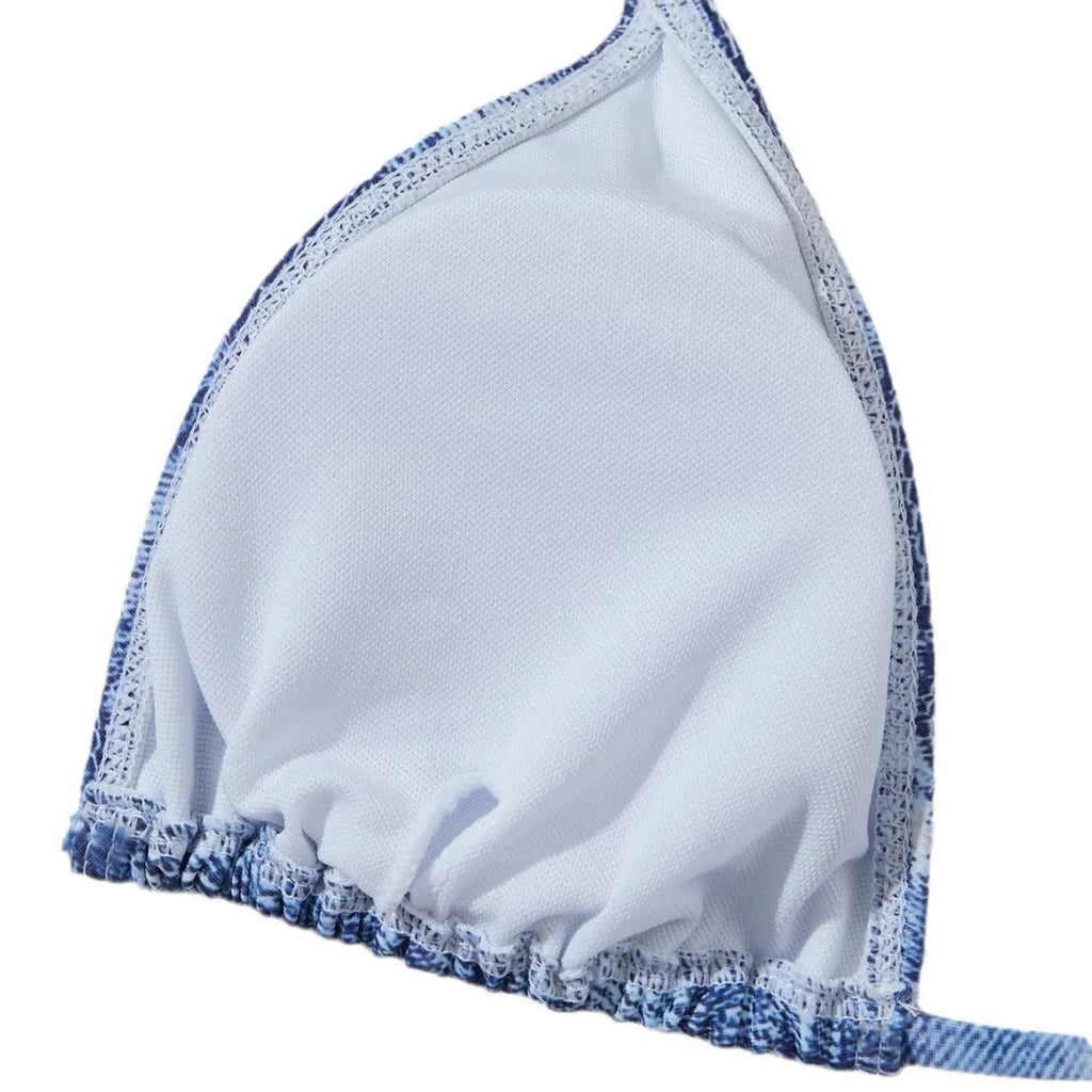 Denim blue printed women's bikini set with strap design