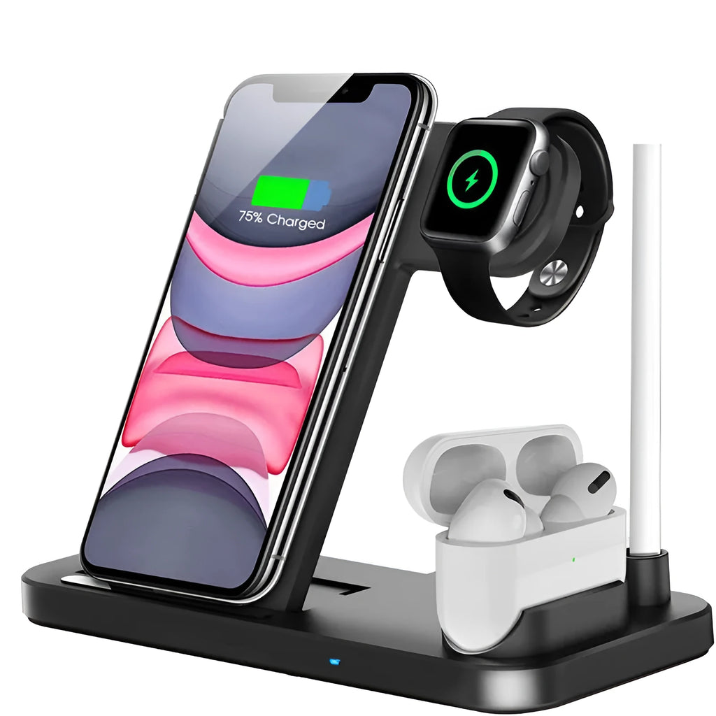 A folding 4-in-1 wireless charger in Space Gray, shown charging an iPhone in vertical stand mode and an Apple Pencil.