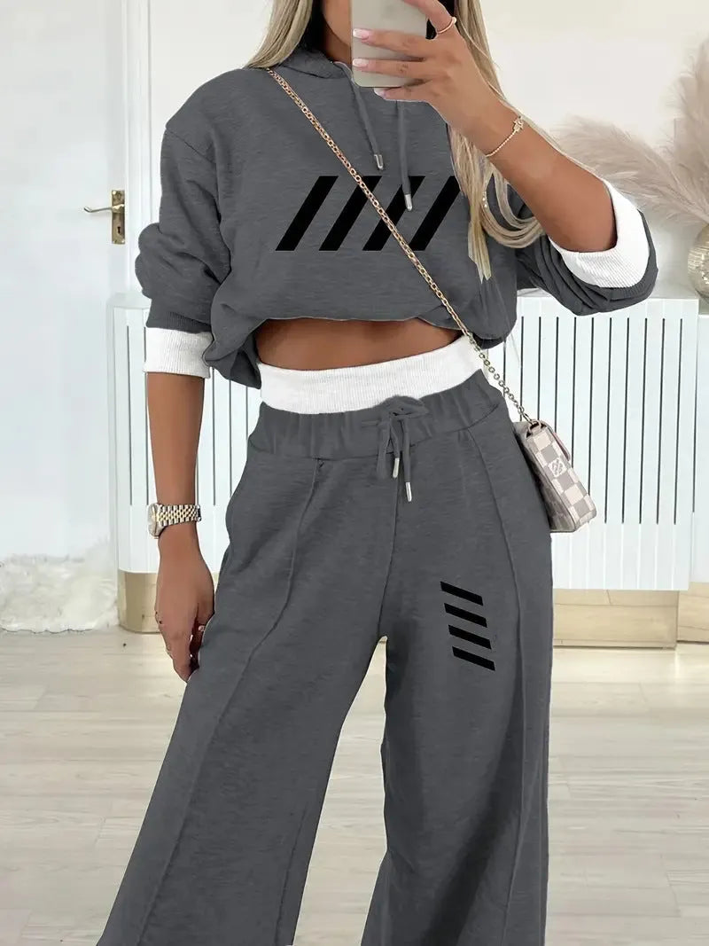Women's hooded sweatshirt and pants set in light gray or dark gray, polyester, sizes S to XXL, casual Korean style.