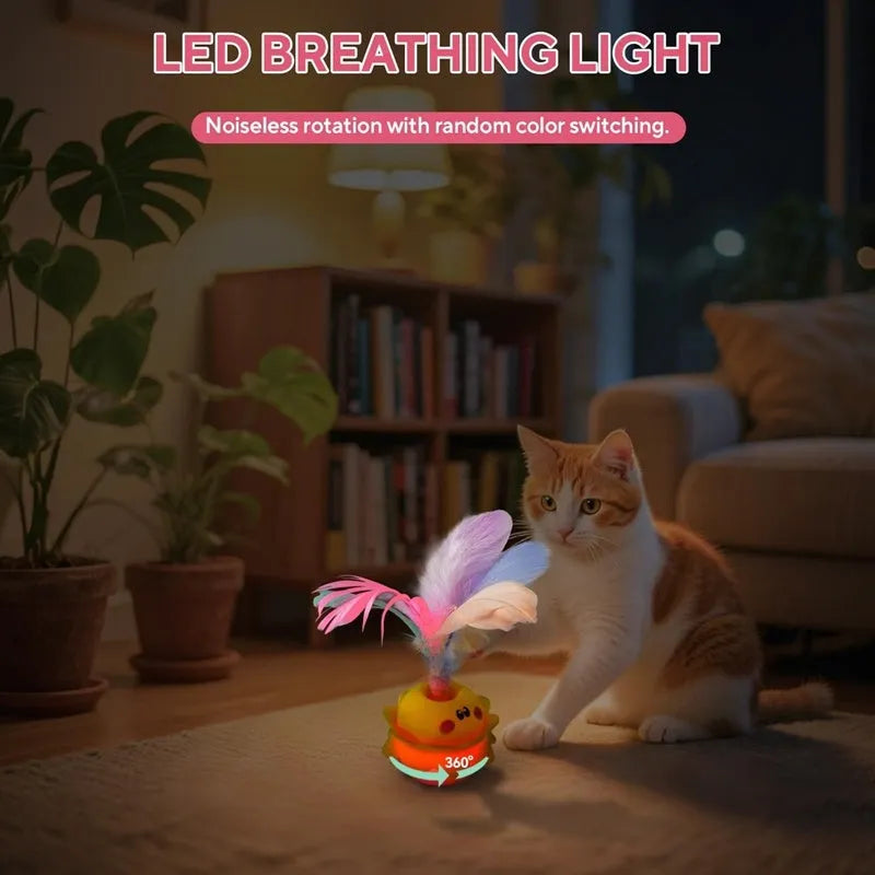 Pink interactive automatic cat feather toy with 360° rotation, LED light, and detachable feathers.
