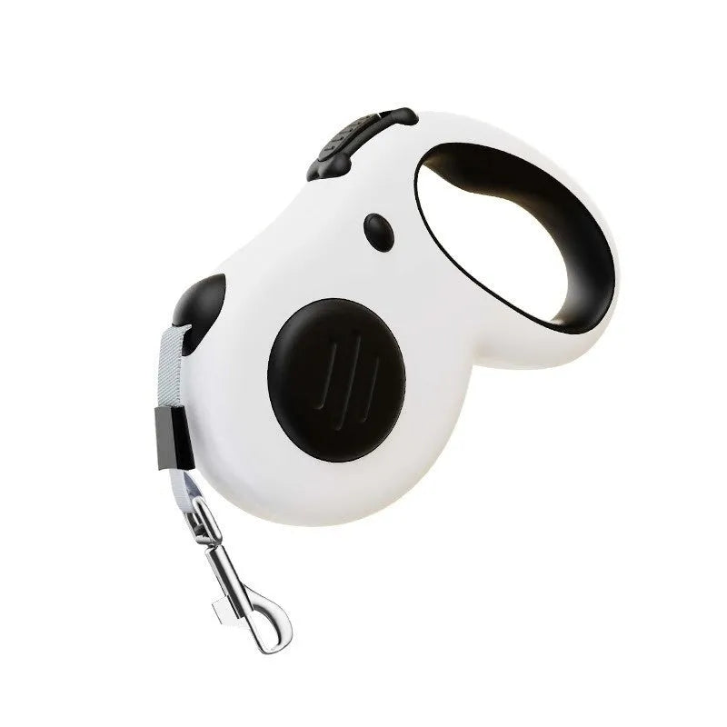 Automatic retractable dog leash with 5m black cord, ABS plastic housing, and anti-slip handle for walking
