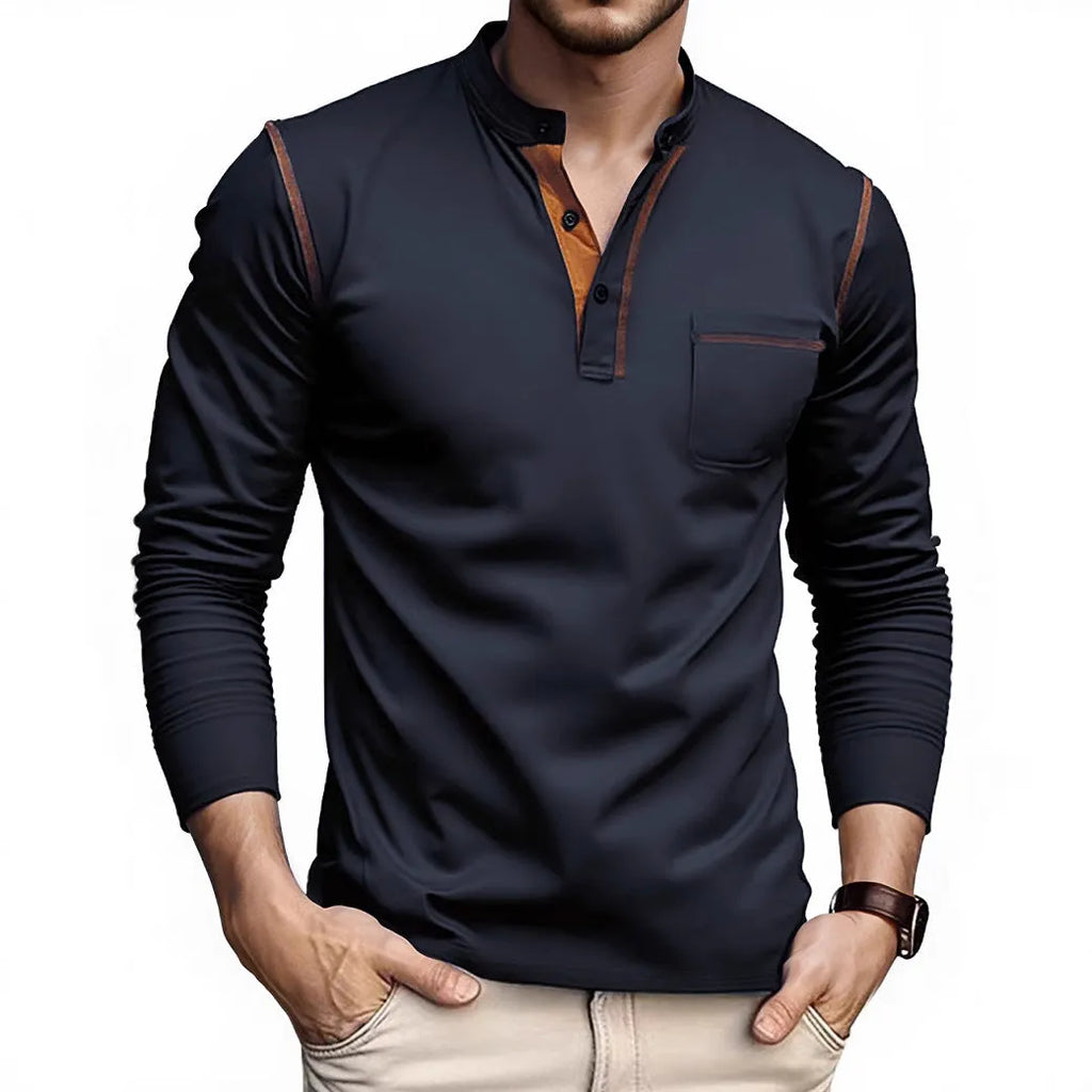 Men's long sleeve stand collar polo shirt sweater, cotton blend, asymmetric hem, shown in six colours.
