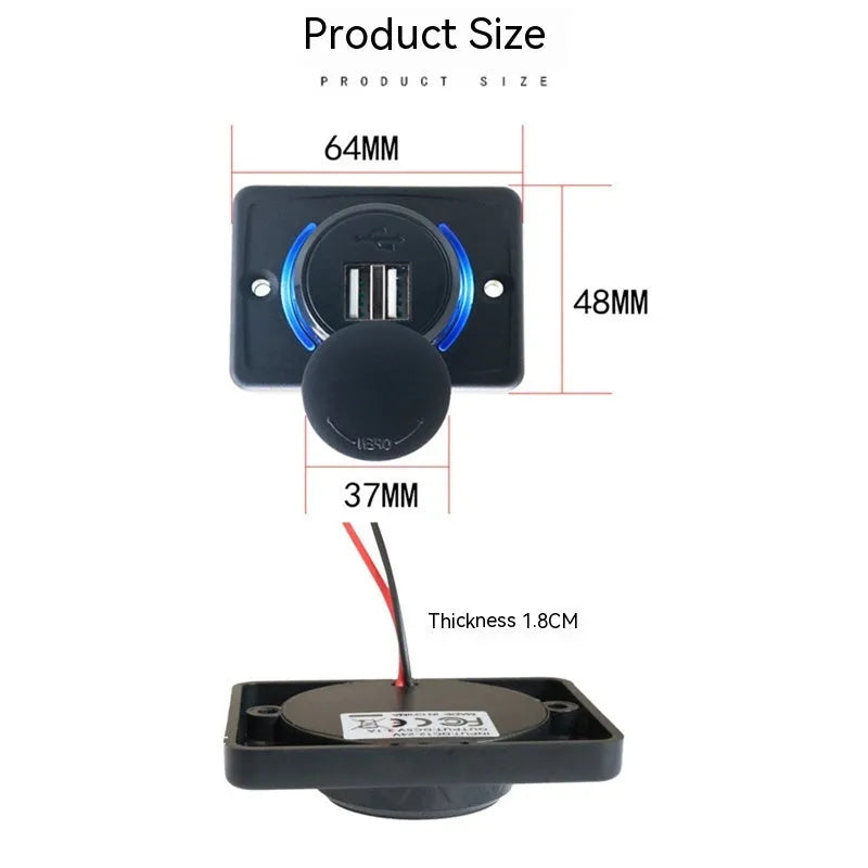 Black 12V dual USB car charger for vehicle installation with mounting screws