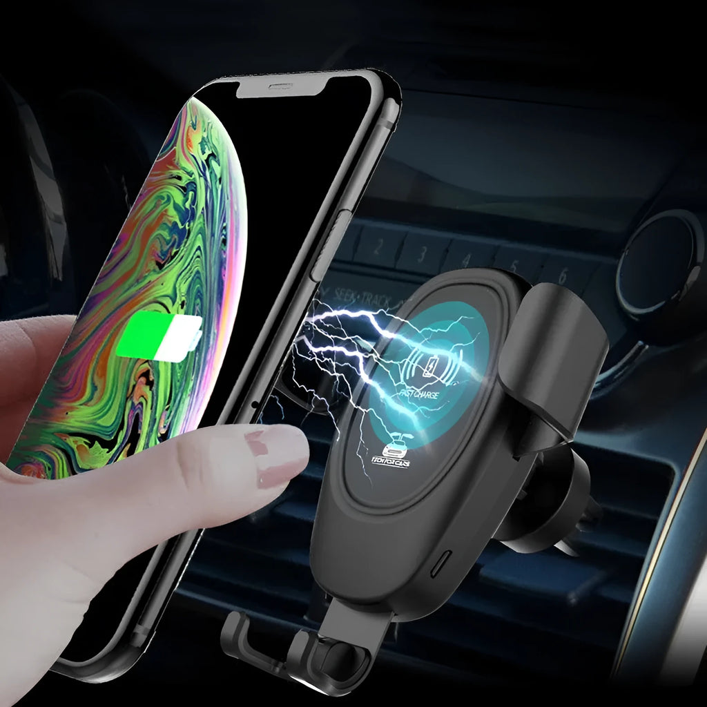 D12 Black 10W micro car wireless charger with air outlet clip, Type-C socket and ABS body, 9.8cm x 4.6cm x 11cm