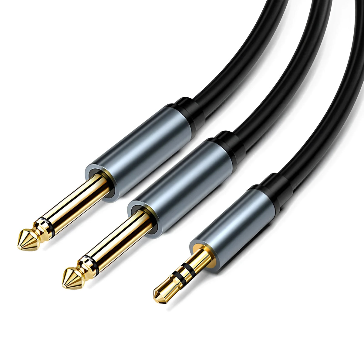 3.5mm to 6.35mm stereo audio cable with black PVC jacket and gold-plated male connectors.