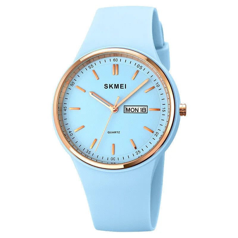 Silicone strap quartz watch for women with calendar display on a 42mm dial.