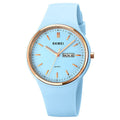 Silicone strap quartz watch for women with calendar display on a 42mm dial.
