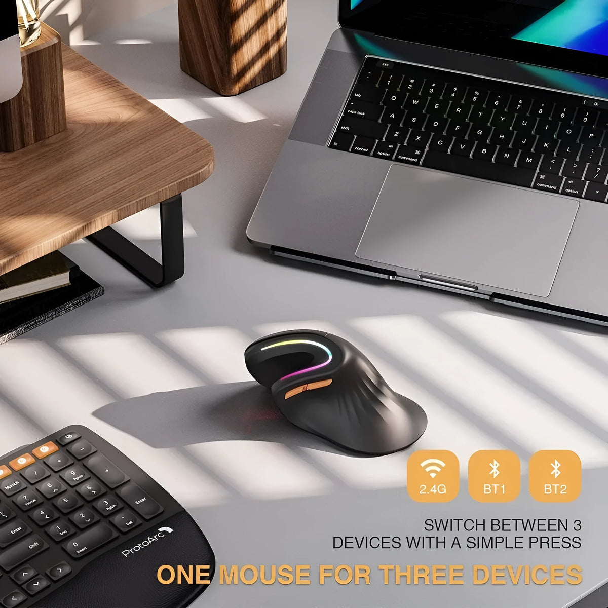 seenDa vertical Bluetooth 2.4G rechargeable wireless mouse in black with RGB lighting and charging cable