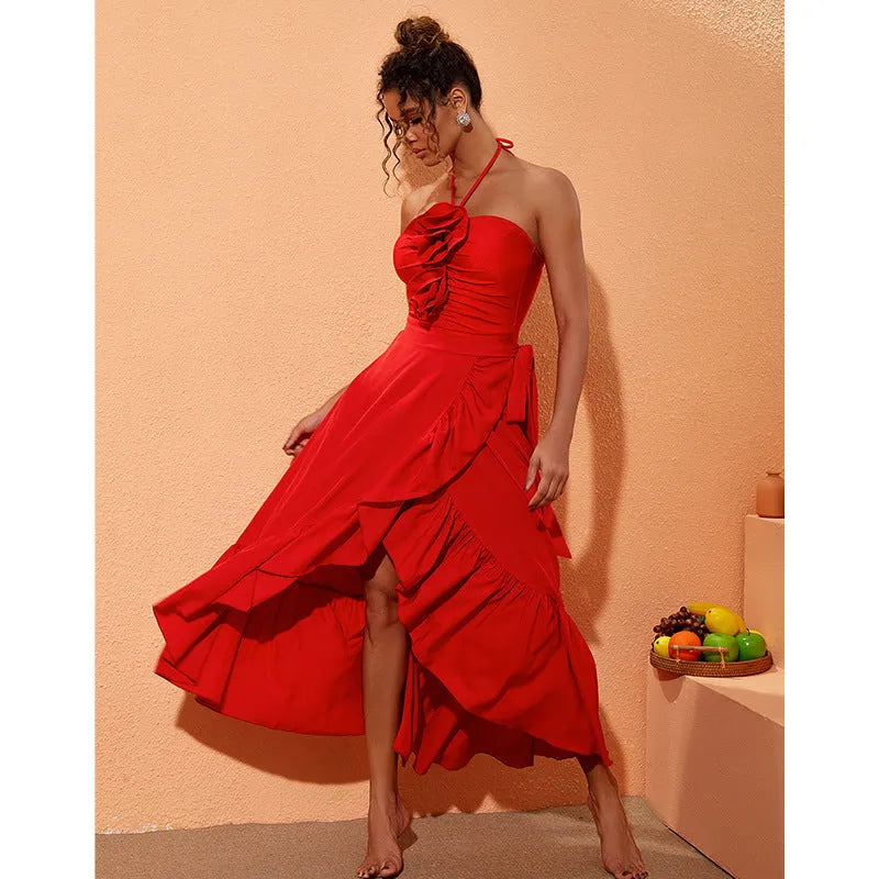 Red women's one-piece V-neck halter swimsuit with a separate long detachable skirt on a mannequin