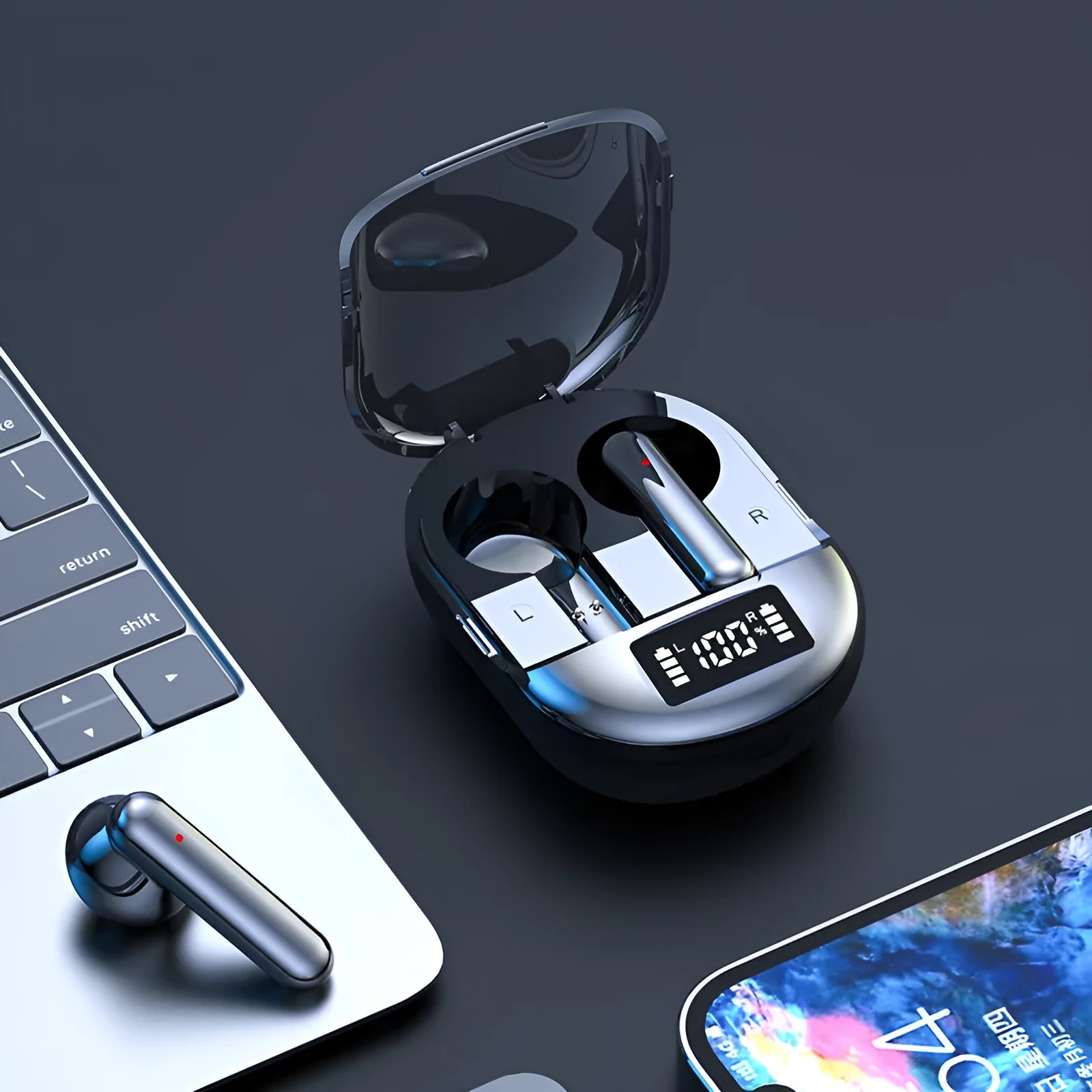 Black and white wireless Bluetooth in-ear headphones with a charging case on display.